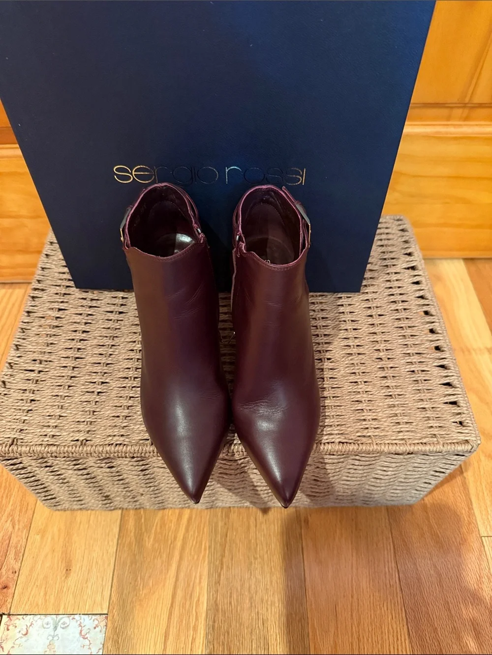 Sergio Rossi Wine Leather Pointed Toe Ankle Booties with Side Zip